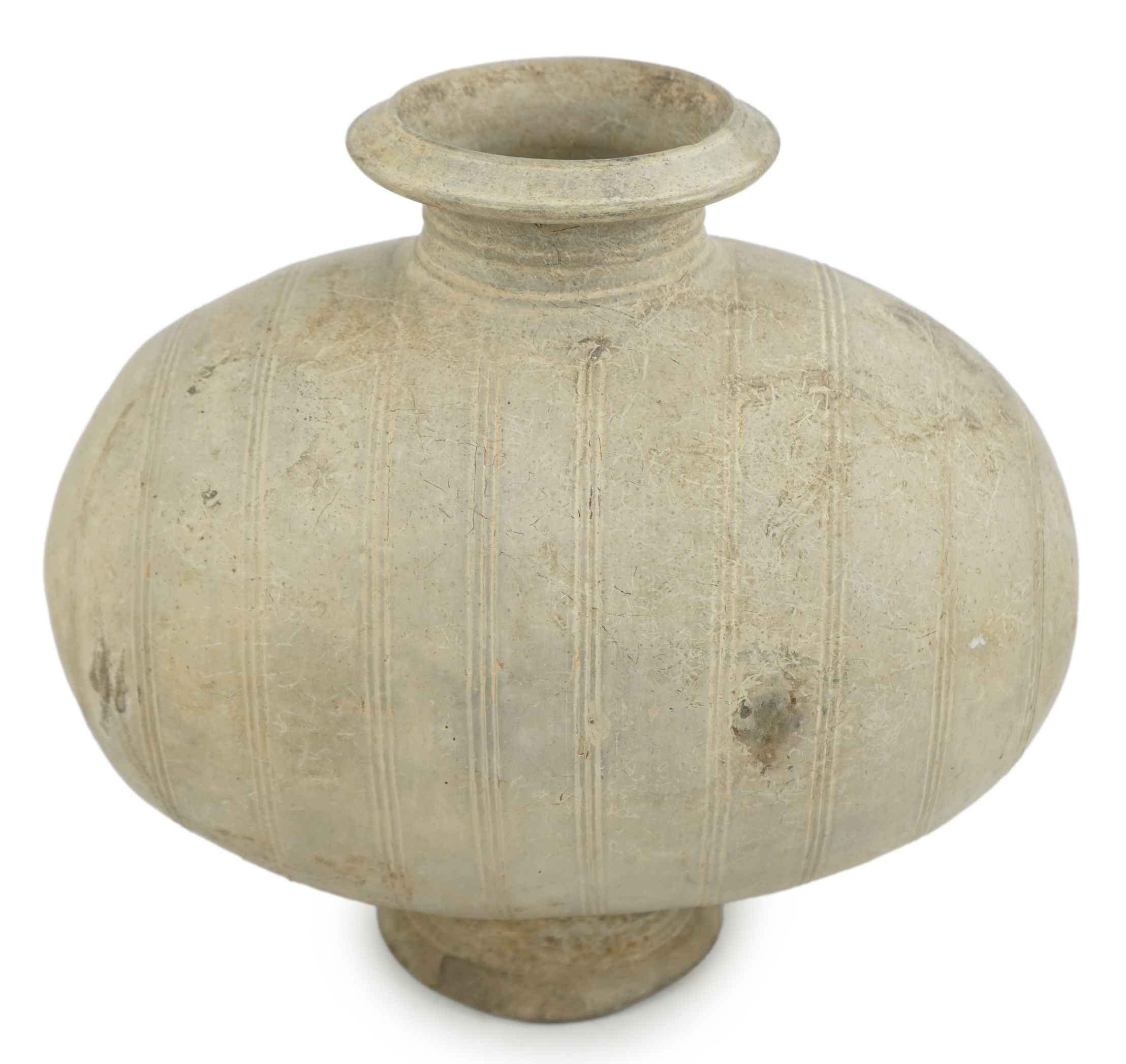 A fine large Chinese burnished pottery cocoon jar, Western Han Dynasty (206 BC-AD 8) or possibly as early as the Qin Dynasty (221-206 BC)